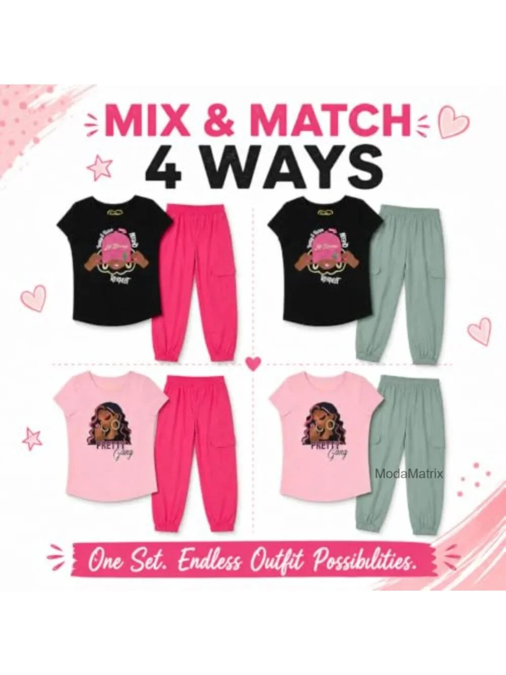 Girls 4 Pack Jogger Pants Set, Glitter and Foil Graphic Sweatpants, Soft Fleece